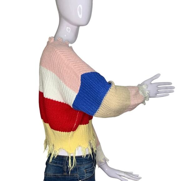 Crop Top Sweater Color Block Red Blue White Yellow Pink V-Neck Size S - Picture 8 of 9